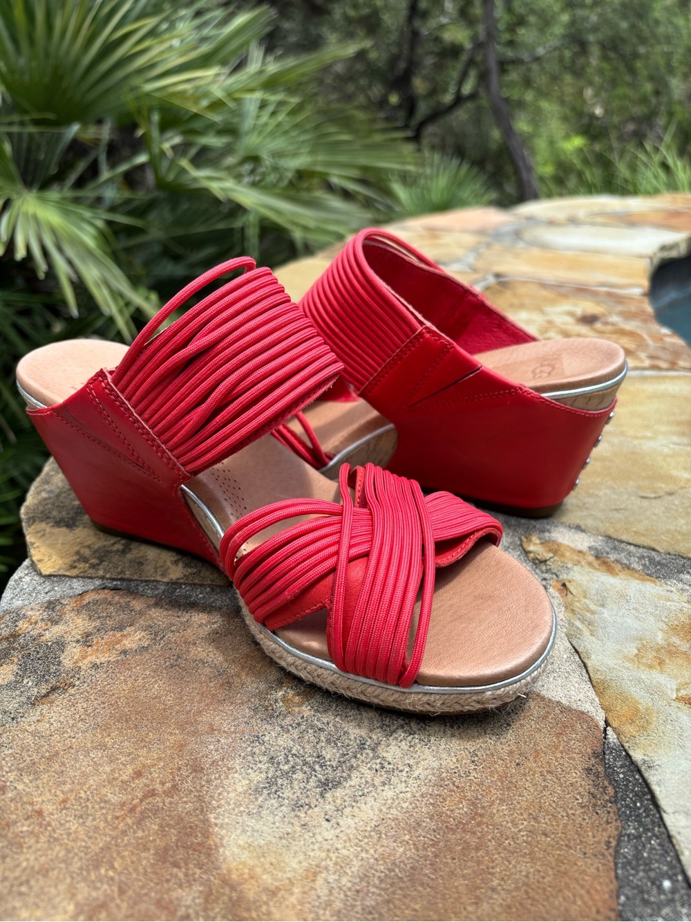 UGG Red Elastic Strap Wedge Sandals